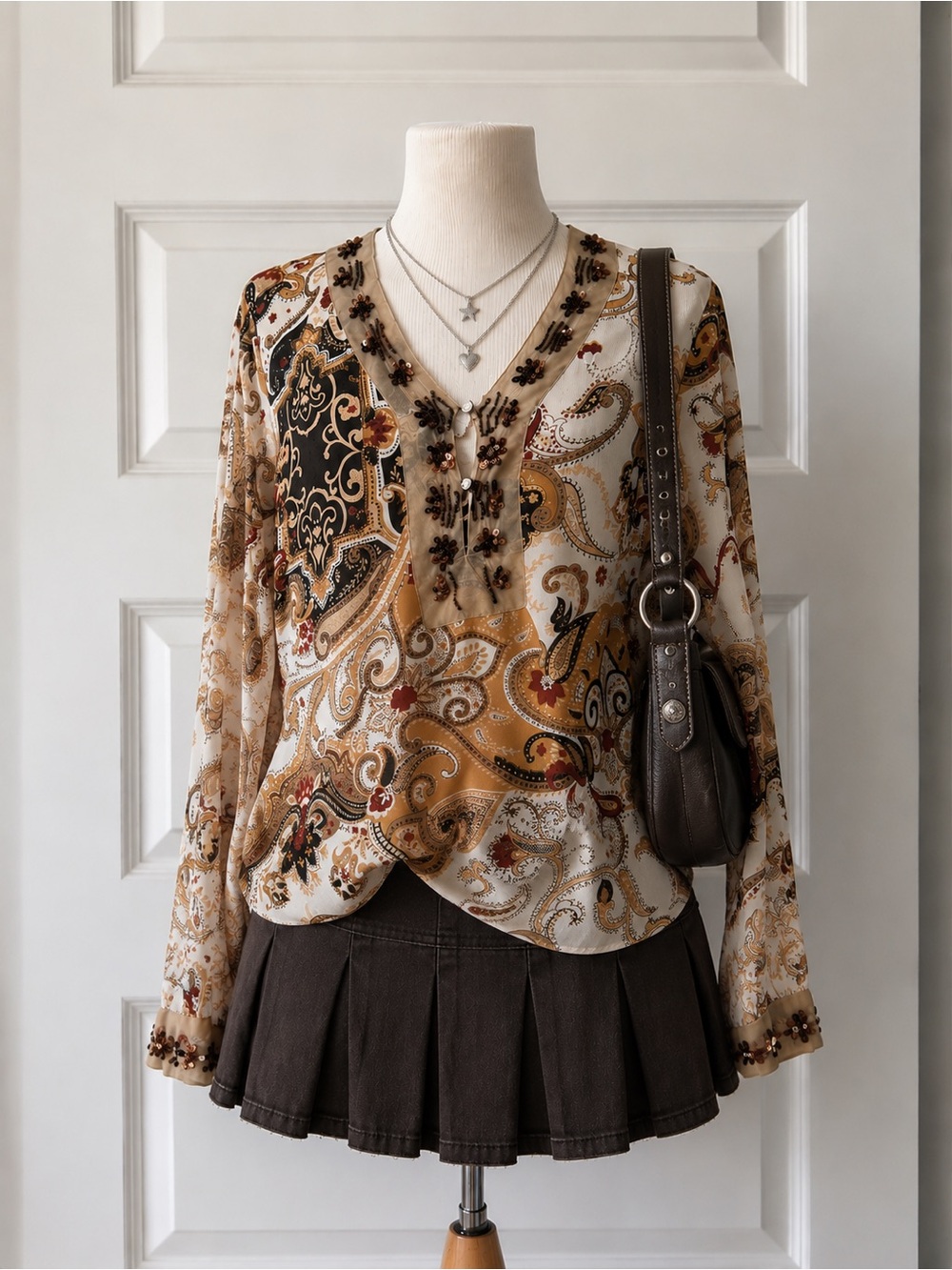 Y2K White Stag Paisley Sequin Beaded Tunic Blouse Boho Fairy Grunge Top S